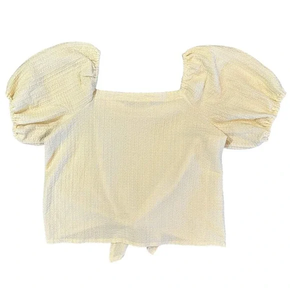 LOFT Women’s Square Neck Tie Front Soft Yellow Blouse Puff Sleeve Top Size M - Picture 3 of 14